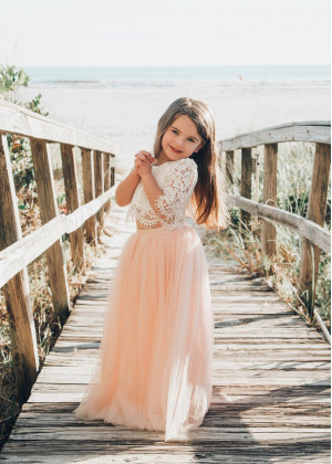 Two Piece Ivory Lace Top Blush Pink Tulle Skirt Flower Girl Dress